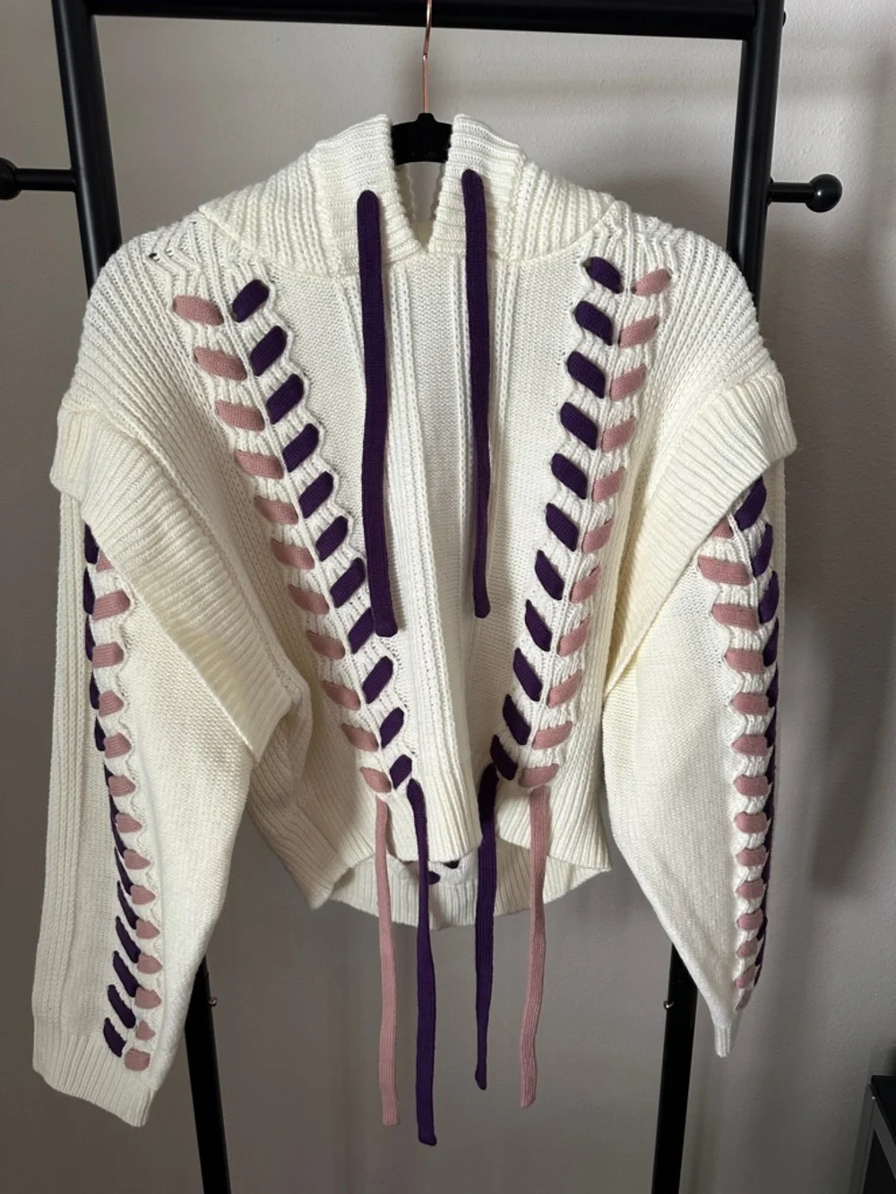 Herve Leger Ivory Hoodie Sweater with Purple and Blush Lacing - Picture 1 of 4
